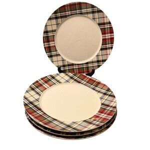 Pottery Barn Denver Plaid rim Plates Tartan Black Green Red Set Of 4 10 5/8"
